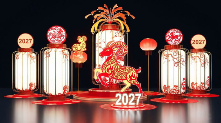 Đại cảnh 3D đèn lồng linh vật Dê Cát Tường 2027 rực rỡ đêm Xuân