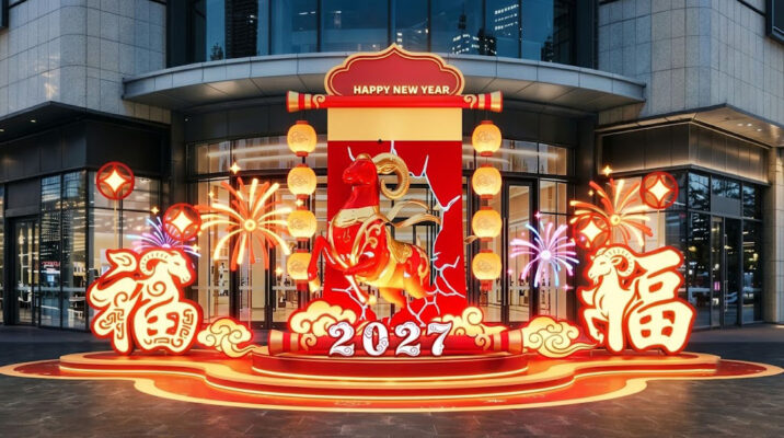 Đại cảnh linh vật dê 2027 kết hợp chữ Phúc và hiệu ứng pháo hoa ánh sáng