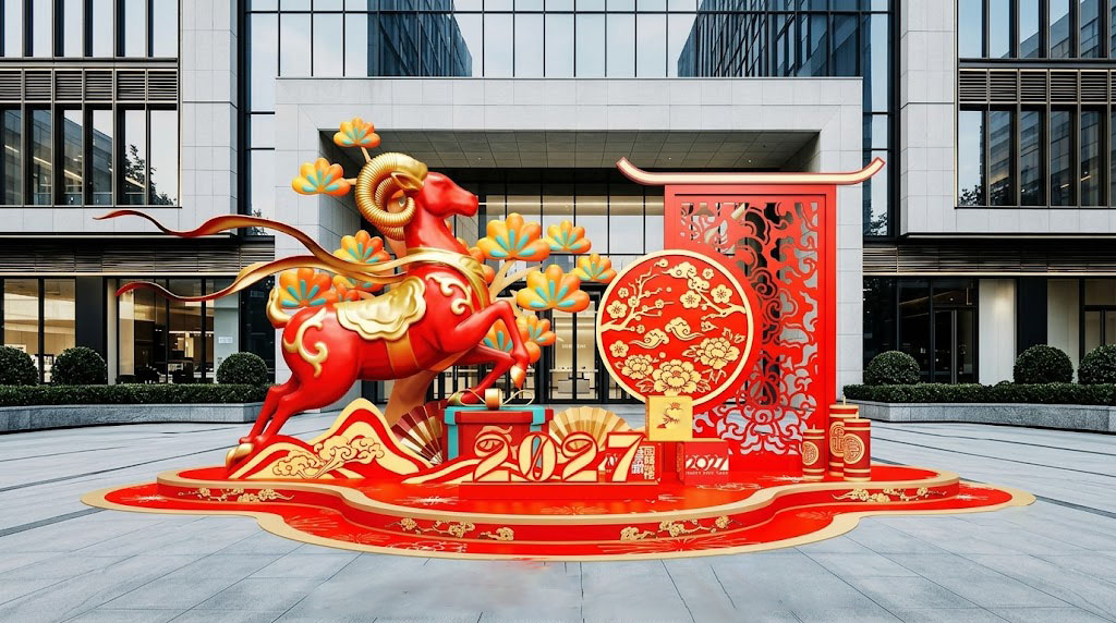 Mẫu đại cảnh Decor Trang Trí Tết Tại Lào Cai với mô hình linh vật Dê Vàng 2027