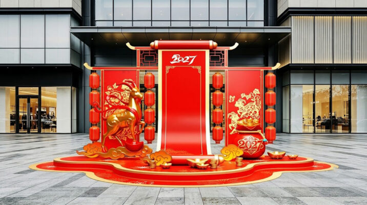 Mẫu Decor Trang Trí Tết Tại Hưng Yên với mô hình linh vật Dê Vàng dát kim cuốn thư 2027