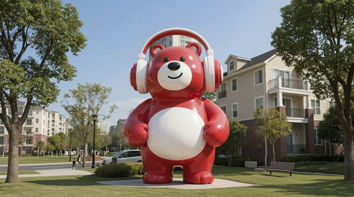 Mô hình Mascot Gấu đỏ khổng lồ đeo tai nghe béo tròn Composite quảng trường