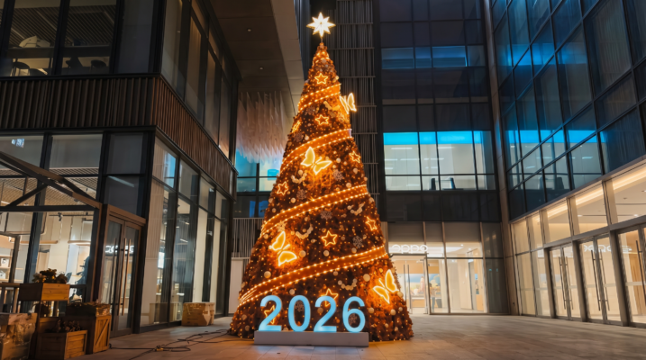 Cây thông Noel khổng lồ trang trí ánh sáng rực rỡ tại sảnh không gian kiến trúc hiện đại