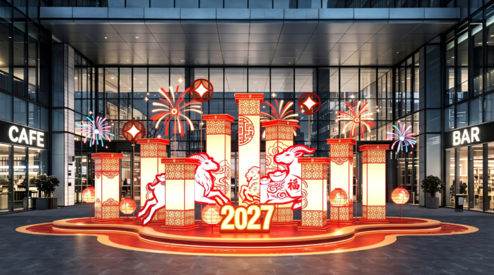 Đại cảnh cổng đèn Tết 2027 linh vật Mùi trang trí sảnh tòa nhà tại Hà Nội