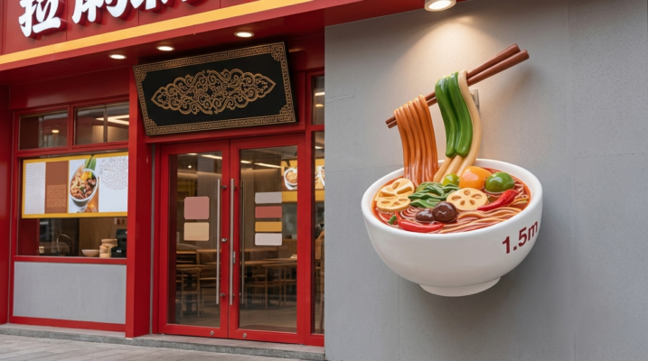 Mô hình biển quảng cáo 3D composite bát mì ramen có đũa gắp bay ốp tường mặt tiền nhà hàng ẩm thực tại Hải Phòng