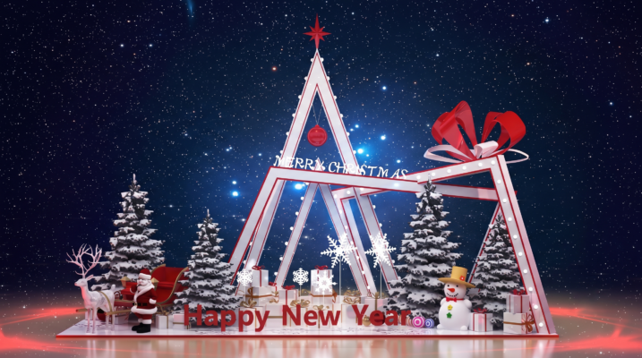 Đại cảnh cổng vòm kiến trúc trắng đỏ và cây thông phủ tuyết trang trí Noel tại Tuyên Quang