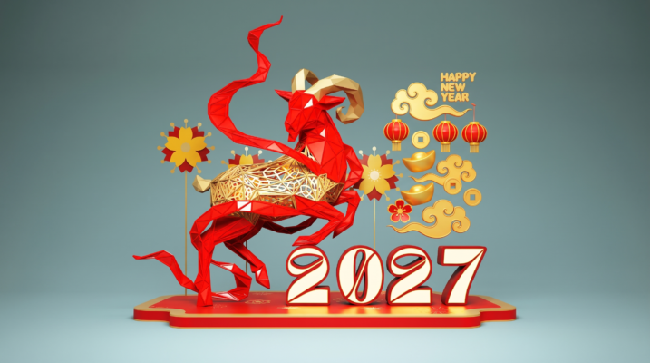 Mô hình linh vật dê Tết 2027 đa giác Low-poly màu đỏ kết hợp khung kim loại hoa văn rỗng và số 2027 phát sáng tại Bắc Ninh