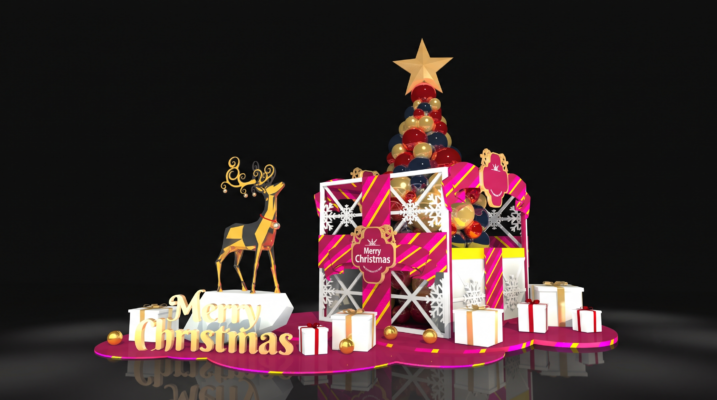 Đại cảnh cây thông Noel trang trí bằng quả châu và tuần lộc mạ vàng