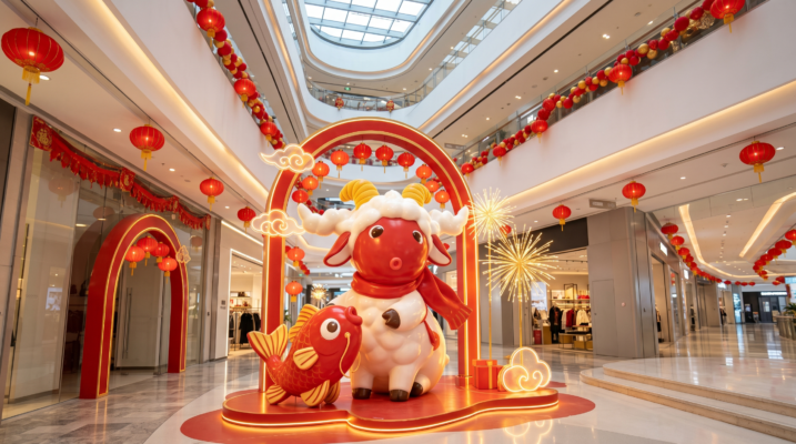 Đại cảnh thi công mô hình linh vật Mascot Tết may mắn tích hợp đèn lồng rực rỡ tại trung tâm thương mại Quảng Ninh