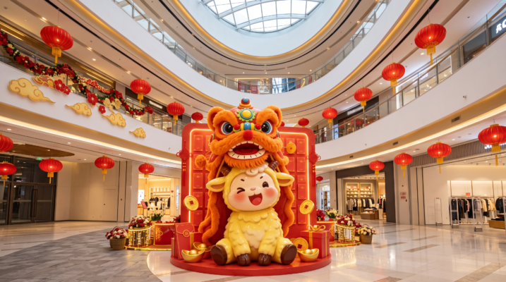 Mô hình linh vật Tết phong cách Mascot múa lân may mắn rực rỡ tại sảnh trung tâm thương mại