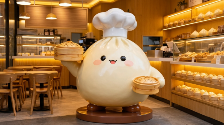 Mô hình mascot đầu bếp bánh bao 3D bằng composite đứng chào khách tại sảnh nhà hàng ẩm thực Quảng Ninh