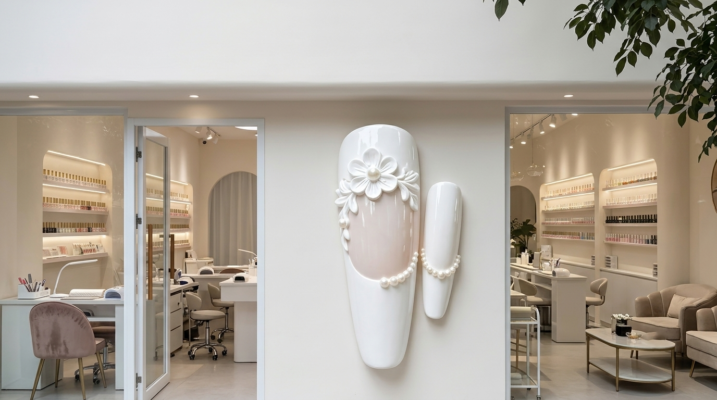 Minh họa biển quảng cáo 3D bằng composite hình móng nail đính hoa nổi và ngọc trai gắn tường showroom làm đẹp