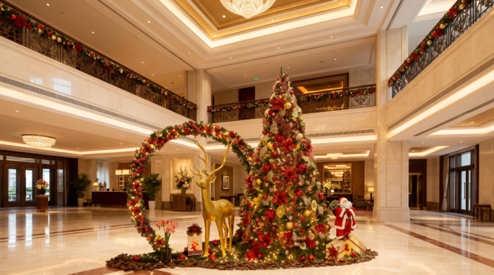 Trang trí cây thông Noel đại sảnh resort kết hợp mô hình tuần lộc vàng sang trọng tại Ninh Bình