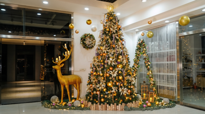 Trang trí cây thông Noel đại sảnh khách sạn tone vàng ấm áp kết hợp tượng tuần lộc tại Cao Bằng