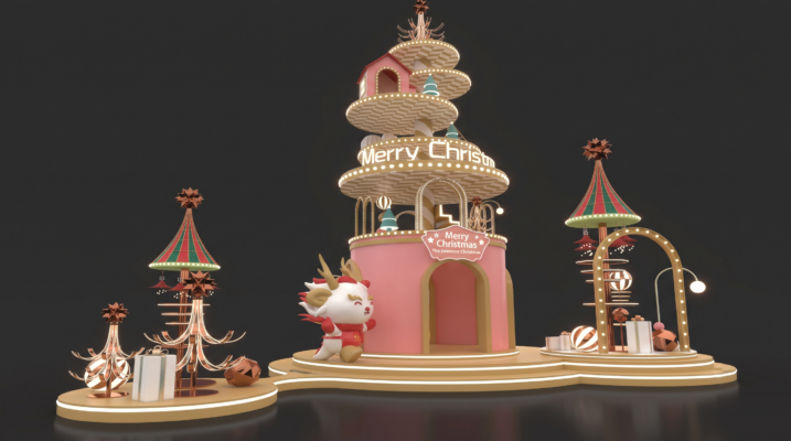 Mẫu đại cảnh Noel đa tầng kết hợp tháp ánh sáng và mô hình linh vật