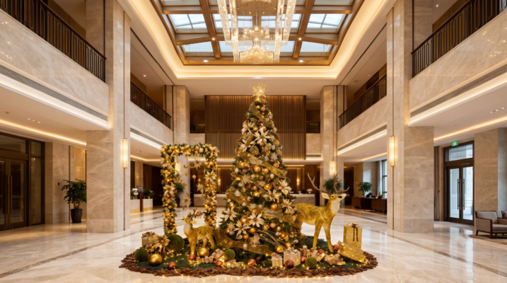 Minh họa phương án trang trí cây thông Noel tông vàng kim kết hợp khung vòm và mô hình tuần lộc tại sảnh khách sạn