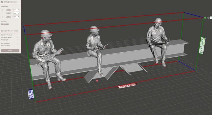 Bản vẽ mô hình 3D kiểm soát kích thước và tỷ lệ cụm tượng người xây dựng ngồi trên dầm chữ I